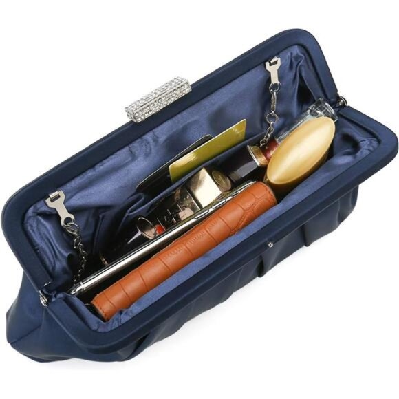 CHARMING TAILOR Classic Pleated Satin Clutch Bag Diamante Embellished Formal - Picture 5 of 7